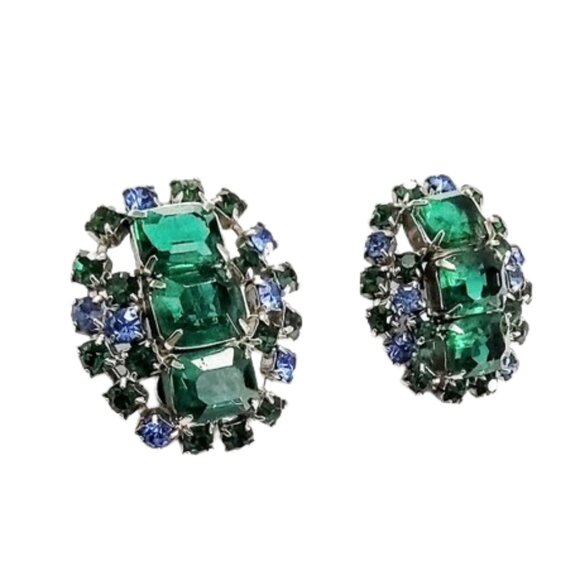 Large 1950s Vintage Emerald Green & Sapphire Blue Rhinestone Earrings Clip Style - Picture 2 of 4